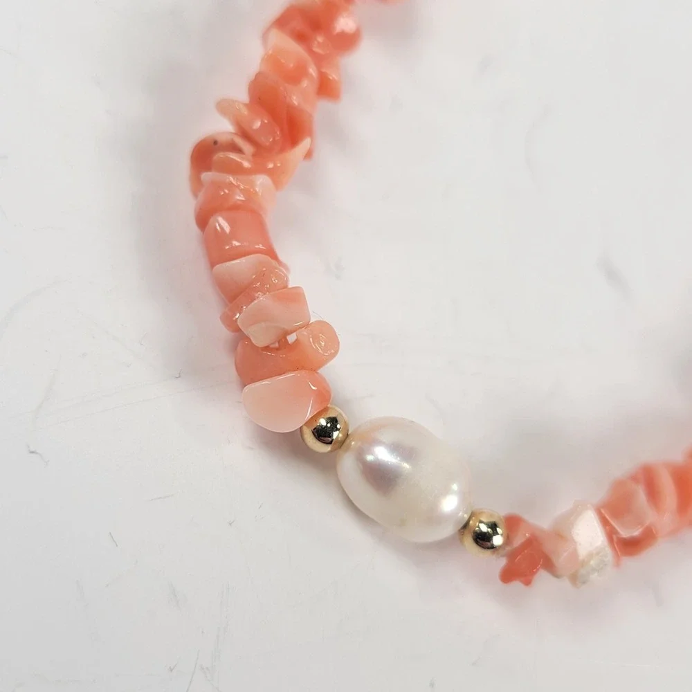 Vintage Pink Coral Chip Necklace Freshwater Pearls 14K Gold Spacers 34